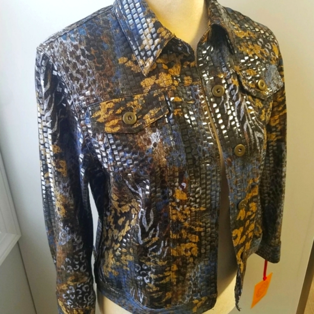 Ruby Rd Animal Print Jacket Embellished Shiny Bling Long Sleeve Sz 6 Petite NWT